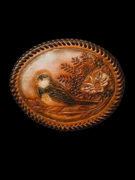 Vintage 1970s Hand Tooled Leather Trophy Belt Buckle XL 5x4” Songbird Floral main image 5